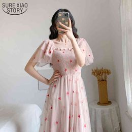 Sweet Summer Women Embroidery Mesh Dresses Ruffle Short Sleeve Square Collar High Waist Pink Midi Long Dress Vestido 10122 210417