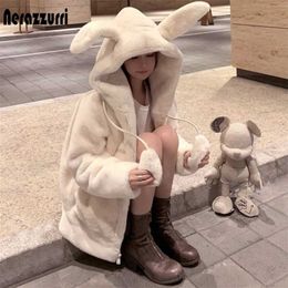 Nerazzurri Spring fluffy jacket with rabbit ears raglan sleeve zipper Oversize light soft harajuku kawaii faux fur hoodie 211130