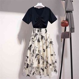 Summer Women Set Fashion Black Drawstring Short Sleeve T-Shirt + Butterfly Embroidery Mesh Skirt Suit 2 Pieces Sets 210519