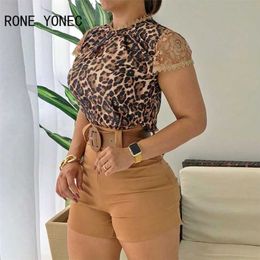 Women Elegant Leopard Print Keyhole Lace Trim Short Sleeve & Shorts Set Casual Vacation 211105