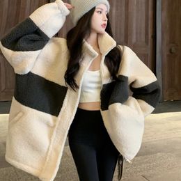 Women's Jackets Lamb Wool Coat Female Autumn/winter 2021 Temperament Embroidered Stand Collar Plus Velvet Thick Mid-length Blouse AL09