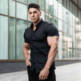 Mens Fashion Short Sleeve Shirt Casual Super Slim Fit Male Solid Social Business Dress Men Gym Fitness Sports Clothing 210626