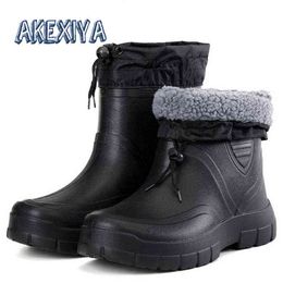 Men's Rain Boots Plush Warm Snow Work Waterproof Fishing Men Wellies Winter Outdoor Adult 211216