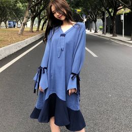 Casual Fashion V-neck Contrast Colour Stitching Ruffled Loose Long-sleeved Big Size Dress Women Summer 16W1417 210510