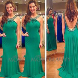 Sexy Green Satin Backless Prom Dresses Long Modest Halter Beaded Mermaid Formal Party Gowns Custom Made