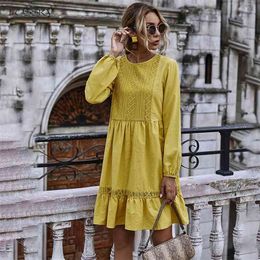 Woman Dress Autumn Winter Casual Lace Stitching Yellow Long Sleeve Loose Vintage Dresses For Women Clothes Ladies 210409