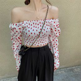 Korean Print Strawberry Woman Shirt Off Shoulder Puff Sleeve Vintage White Blouse Women Clothes Black Slash Neck Tops Chic 14369 210527