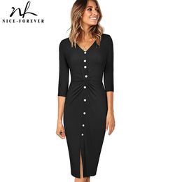 Nice-forever Spring Women Fashion Pure Colour Dresses with Button Casual Bodycon Fitted Female Dress B616 210419