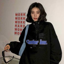 Women's Chic Sweatshirt Hong Kong style half high collar plus velvet thick hoody men Korean loose top spring autumn hip hop 210526