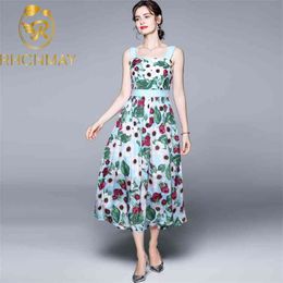 High Quality Summer Bohemian Holiday Dress Women Spaghetti Strap Flower Print Runway Elegant Midi Vestidos 210506