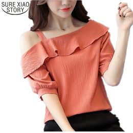 fashion half sleeves sexy Strapless slash neck solid chiffon women blouse summer lotus leaf shirt blusas 123J 30 210506