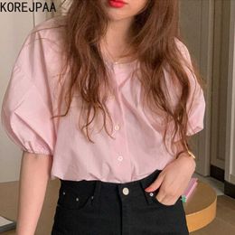 Korejpaa Women Shirt Summer Korea Chic Western Style Age-Reducing Loose Wild Single-Breasted Solid Colour Puff Sleeve Blouse 210526