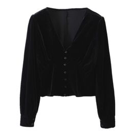 French Black Velvet Shirt Retro Woman V neck Slim Waist Single-breasted Long sleeve Blouse Velour Tops Blousas 210429