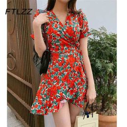 Summer Korean Tulips Floral Printed Dress Women Sexy V Neck Ruffles Short es Ladies Sleeve Beach Boho 210525