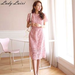 Solid Colour Elegant Office Dress Summer Women's Hollow out Lace Sexy Short Sleeves Party slim work Vestidos 210529