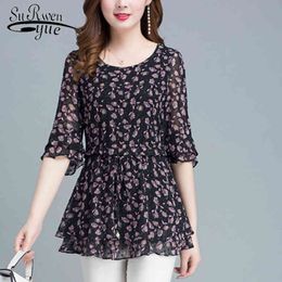 Chiffon Blouses Shirts Women Tops Sleeve Slim Waist A Line tops Floral Printed Blouse blusas 4219 50 210521