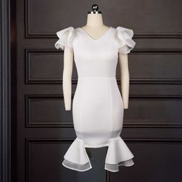 White Party Dress for Women Prom Sheath V Neck Ruffle Sleeve Slim Plus Size XL Birthday Elegant Ladies Night Sexy Clubwear 210527