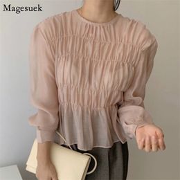 Korean Chic Solid Pleated Puff Long Sleeve Blouse See Through O-Neck Summer Shirt Top Fashion Design Women Clothing Blusas 11357 210512