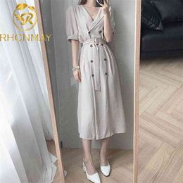 Summer Women Fashion Casual Dresses Short Sleeve V-Neck Black Beige Elegant Loose Plus Size Mide Dress With Belt Vestidos Robe 210506