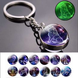 Glow In The Dark 12 Constellation Keychain Zodiac Signs Picture Double Side Cabochon Glass Ball Keychain Jewellery Birthday Gifts G1019