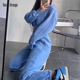 Women Skinny Hooded Full Sleeve Trousers 2 PCS Suits Spring Autumn Elastic Waist Solid Ladies Sets Casual Patchwork Streetwear 211126