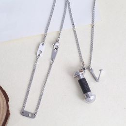 Europe America Fashion New Style Men Lady Women Silver/Gold-colour Metal Chain Long Necklace With Engraved V Initials Wrap Leather Dumbbell Pendant