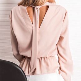 Women Office Lady Ruffled Back Bandage Blouse Flare Sleeve Solid Elegant Casual Tops Autumn New Fashion Hollow Out Blouse 210412