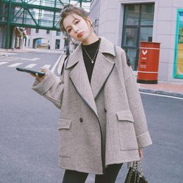 Women's Wool & Blends Winter Korean Woollen Coat Green Khaki England Style Loose Short Lapel Female Jacket