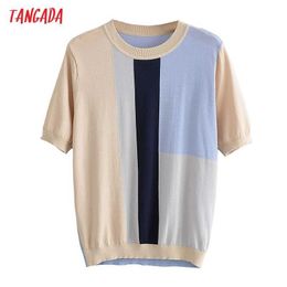 Tangada Korea Chic Women Striped Pattern Summer Thin Sweater Short Sleeve Ladies Knitted Jumper Tops 3C8 210609
