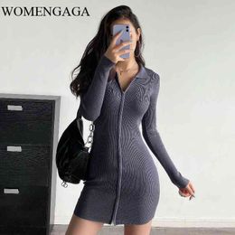 WOMENGAGA Sexy Tight Turn-down Collar Knitted Hip-wrapped Slim Small Temperament Full Sleeve Mini Dres's Autumn U9IB 210603