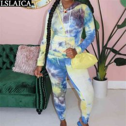 2 Piece Set Tracksuit Women Fashion Tie Dye Hooded Long Sleeve Top And Pants Casual Slim Pocket Plus Size Outfits Streetwear 210515