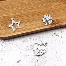 10pcs Star Shining Rhinestone Charms Heart Pentagram Four-leaf Clover Silver Metal Pendants Glitter DIY Jewellery Accessory YZ226