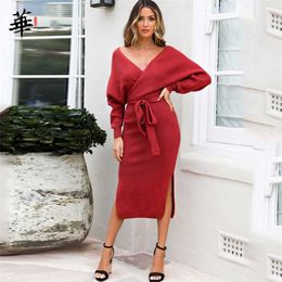Women's Knitted Dress Winter Sexy Casual Long Sleeve Fashion Party Plus Size Vintage Elegant Sweater Dresses for Women Female 211110