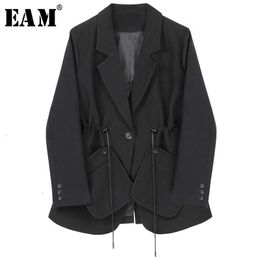 [EAM] Women Black Drawstring Temperament Blazer Lapel Long Sleeve Loose Fit Jacket Fashion Spring Autumn 1H792 210930