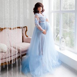 A Line Sky Blue Prom Dresses Tulle Maternity Robes V Neck Lace Applique Photoshoot Gowns Fluffy Nightgown Party Dress