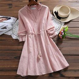 Women's Autumn Dress Style Tassels Wide Loose Mid-length Fungus Cotton and Linen Jacquard Long Sleeve Dresses GX287 210507