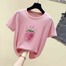 Summer Women's Short Sleeves O Neck Beading Sequin T-Shirt Tee Girls Pullover Casual Tops Tees A2596 210428