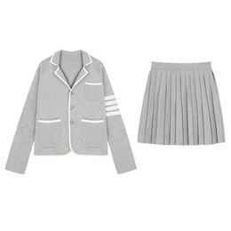 Women Knitted Blue Pink Grey Two Pieces Set Pleated Skirt Cardigan Chic Elegant T0446 210514