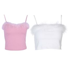 Womens Sexy Spaghetti Strap Feather Fluffy Plush Trim Crop Top Bandeau Camisole Pink, White 210401