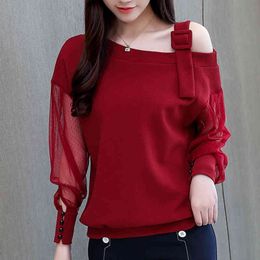 Long Sleeve Shirt Women blouses Sexy off shoulder Solid Shirts clothing Spliced mesh female Tops 902B3 210420
