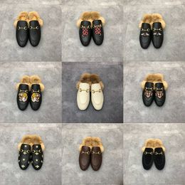 fur slippers for ladies UK - Luxury Designer Mules Women Fur Slippers Winter Outdoor Fashion Flat Mule Ladies Loafers Womens FW Slides Princetown Suede Embroidery Genuine Leather Shoes
