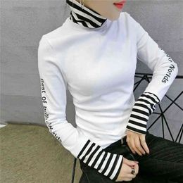 European Fashion Patchwork Striped Thick Broshed Tshirt Autumn Winter Long Sleeve Top Clothes Camiseta Mujer Shirt T97311 210406