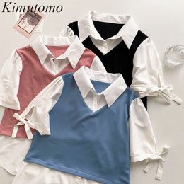 Kimutomo Patchwork Fake Two Piece Blouse Korean Chic Ladied Short Sleeve Bow Lace Up Turn-down Collar Solid Colour Shirt Casual 210521