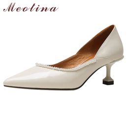 Meotina Kid Suede Real Leather High Heel Shoes Women Pointed Toe Pumps String Bead Stiletto Heels Shoes Office Footwear Black 210520