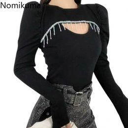 Nomikuma Women Autumn Puff Long Sleeve T Shirts New O-neck Slim Tee Tops Hollow-out Tassel Sexy Basic Graphic Tees 6C845 210427