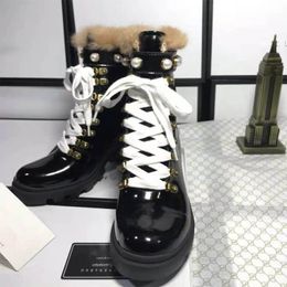 Winter warm rabbit fur snow boots ladies non-slip lace-up Martin boots designer pearl thick heel casual shoelace box size 41 42