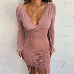 Sexy v neck ruched dress women autumn winter lantern sleeve bodycon dress backless mesh club party tulle dress vestidos 210415