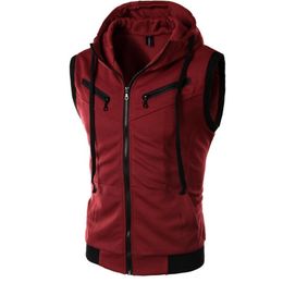 Mens Hooded Sleeveless Zip Casual Sweatshirt Hoodies Summer Autumn Solid Color Cotton Jacket Vest Waistcoats Top 211023