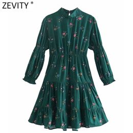 Women Vintage Stand Collar Floral Print Casual Slim Mini Dress Female Chic Pleats Elastic Ruffles A Line Vestidos DS8182 210416