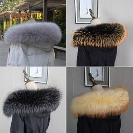 100% Real Raccoon Fur Collar Womens Natural Luxury Big Size Genuine Coat Collar Shawl Black Color Neck Warm Scarves Female H0923